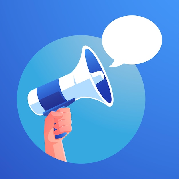 main de personne tenant un haut-parleur mégaphone et une bulle de dialogue