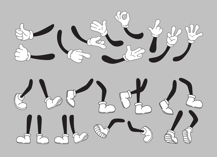 Vecteur main pieds mascotte animation différents mouvements jambes et mains personnage comique expression pied dans les chaussures dessin animé bras blanc victoire dessin coup de pied doigt illustration vectorielle soignée