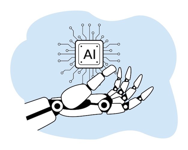Vecteur main de robot tenant une puce d'intelligence artificielle ou une machine à main de robot ai