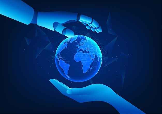 La main robotique AI et les mains humaines embrassent le monde ensemble représentant la technologie AI Co Worker