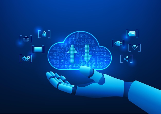 La main robotique interagit avec le cloud computing représentant le traitement avancé des données