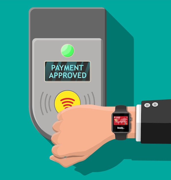 Main avec smartwatch et carte bancaire près du terminal