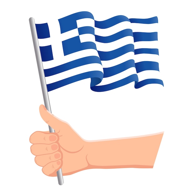 Main Tenant Et Agitant Le Drapeau National De La Grèce Concept Patriotique De La Fête De L'indépendance Des Fans Illustration Vectorielle