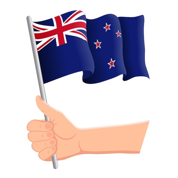 Main tenant et agitant le drapeau national de la Nouvelle-Zélande Fans concept patriotique de la fête de l'indépendance Illustration vectorielle