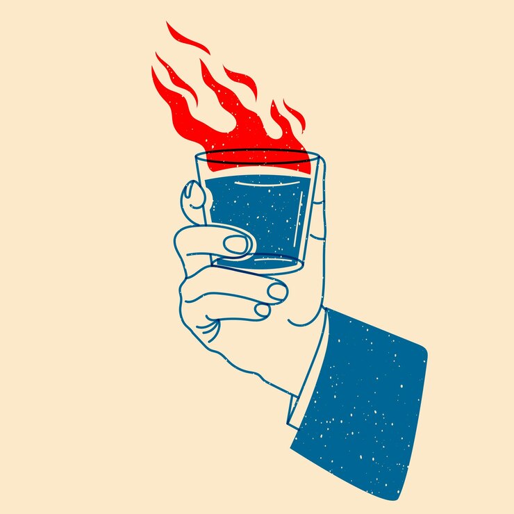 Vecteur main tenant un cocktail avec feu illustration vectorielle dans un style minimaliste avec effet d'impression riso