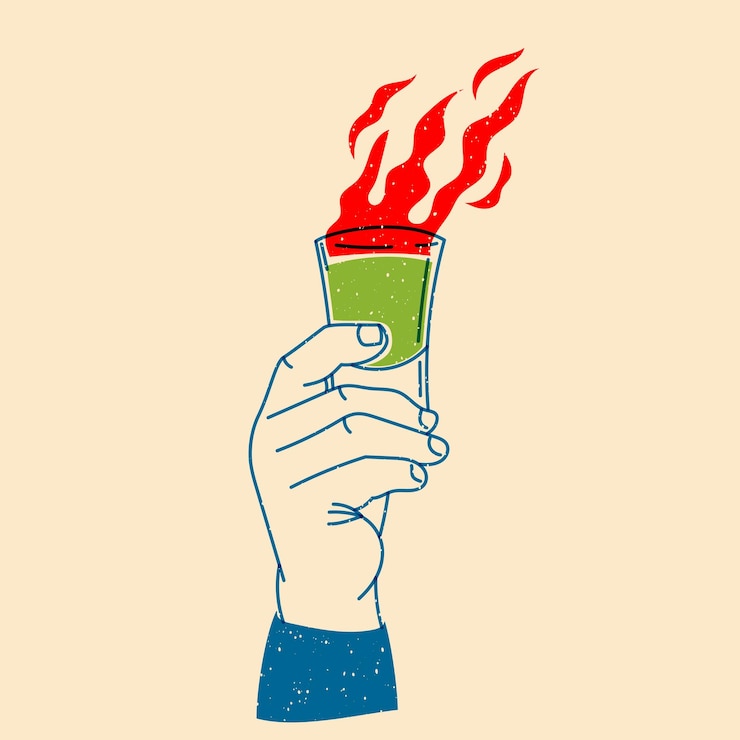 Vecteur main tenant un cocktail avec feu illustration vectorielle dans un style minimaliste avec effet d'impression riso