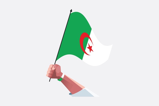 Vecteur une main tenant le drapeau algérien drapeau de l'algérie drapeau original et simple de l' algérie