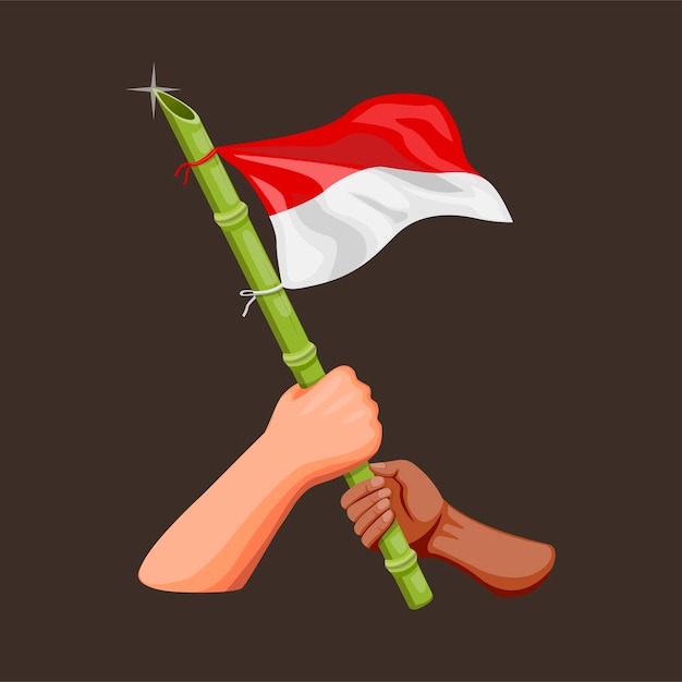 Vecteur main tenant indonésien avec bambou aiguisé en poteau pour célébrer le jour de l'indépendance dans le concept du 17 août 1945 en illustration de dessin animé