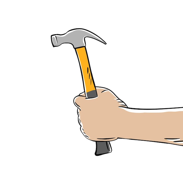 Vecteur main tenant le marteau isolé sur fond blanc icône de la construction