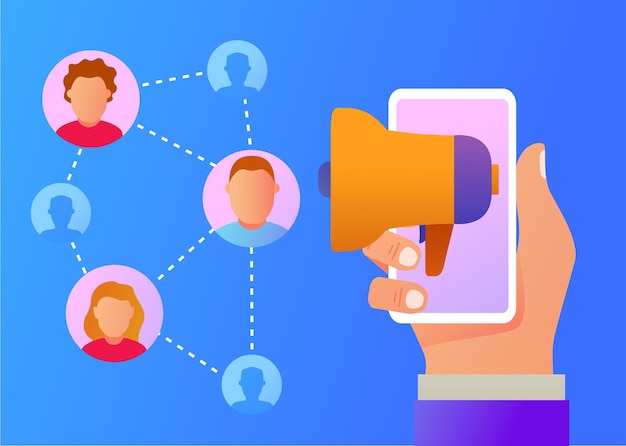 Une main tenant un mégaphone avec des gens Programme de référencement marketing de réseau Marketing de réseau
