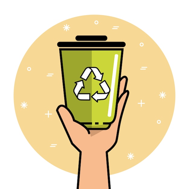 Vecteur main tenant un recyclage peut sur l'illustration vectorielle de fond jaune et blanc