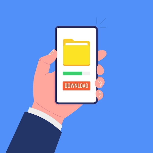 Main Tenant Un Smartphone Avec Bouton De Téléchargement De Fichier Sur L'écran. Concept De Processus De Téléchargement.