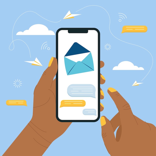 Vecteur main tenant un smartphone communication et conversation par téléphone concept de chat