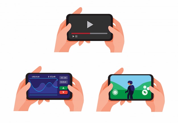 Main Tenant Le Smartphone Jouer Et Regarder La Vidéo En Streaming En Ligne, Les Applications Boursières Et Jouer à La Collection De Jeux De Tir Set Vector Illustration