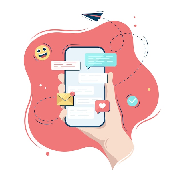 Main tenant un smartphone avec des messages sur un fond abstrait