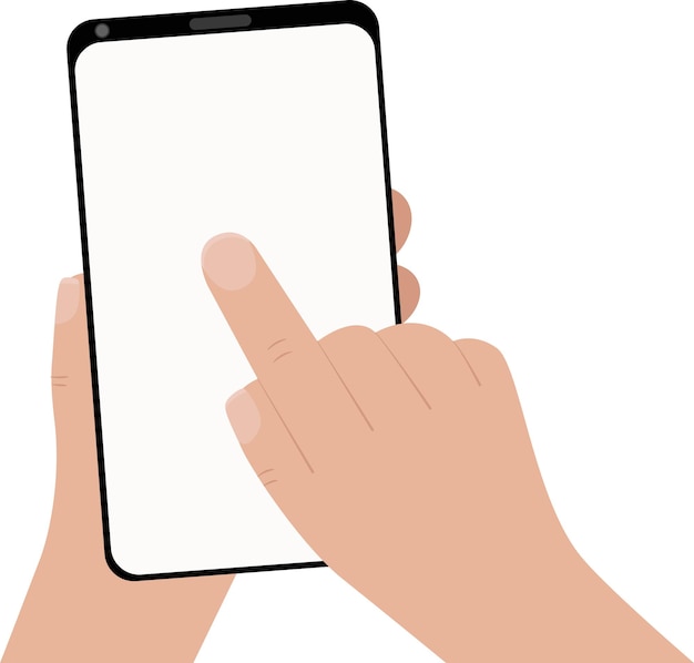 Main tenant un smartphone noir, touchant un écran blanc vierge. Utilisation d'un téléphone intelligent mobile, concept de design plat.