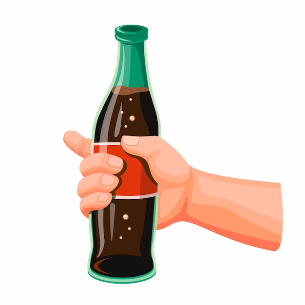 Main Tenant Softdrink Cola, Boisson Gazeuse Dans Une Bouteille En Verre Cartoon Illustration Réaliste Sur Fond Blanc