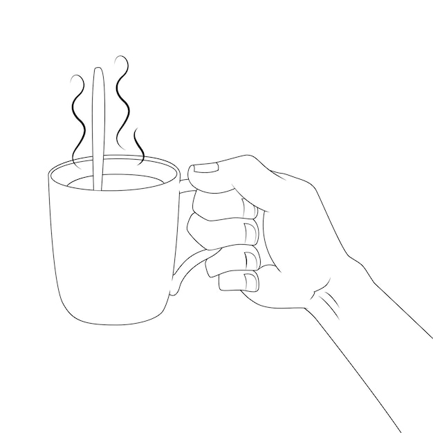 Vecteur main tenant une tasse avec un contour de café
