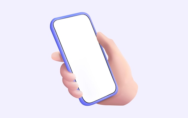 La main tenant le téléphone portable écran blanc vide sur fond violet Communication Médias sociaux Technologie en ligne Application Internet La main utilisant le téléphone mobile Maquette 3D Illustration vectorielle de dessin animé