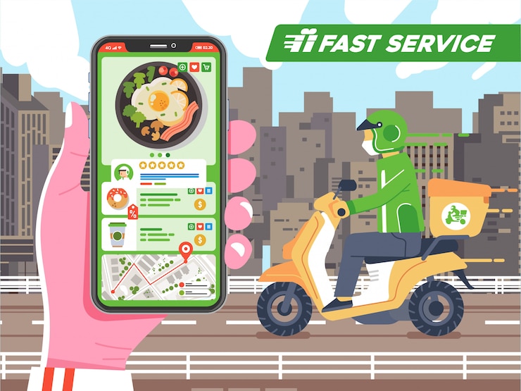 Vecteur main tenant le téléphone surveillant la commande de nourriture envoyée par courrier, l'itinéraire sur la carte est arrivé à l'illustration de destination