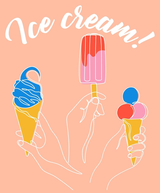 Main Tenir La Crème Glacée Une Ligne Dessert Froid D'été Dépliant D'affiche Promotionnelle Doodle Coloré Brillant Avec Lettrage Glace De Cône De Gaufre Et Sundae Délicieuse Illustration Vectorielle De Popsicle