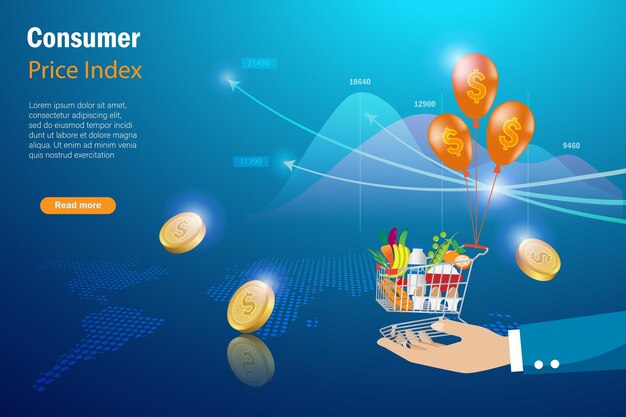 Main Tenir Panier Chariot Avec Indice Des Prix à La Consommation De L'ipc Indicateur économique De L'inflation Alimentaire