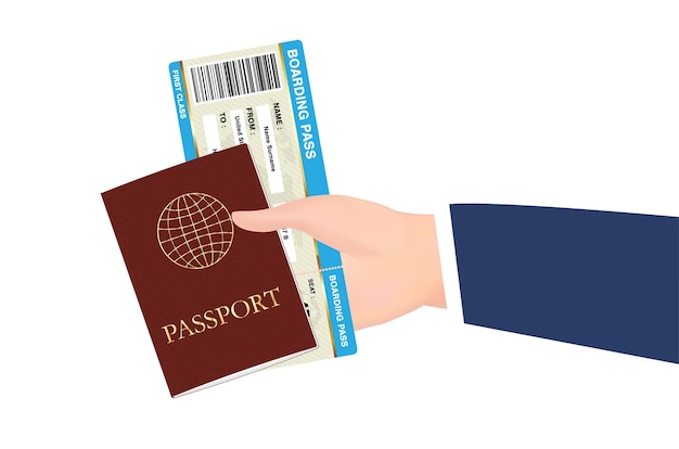Vecteur main tenir le passeport et le vecteur de billet de carte d'embarquement