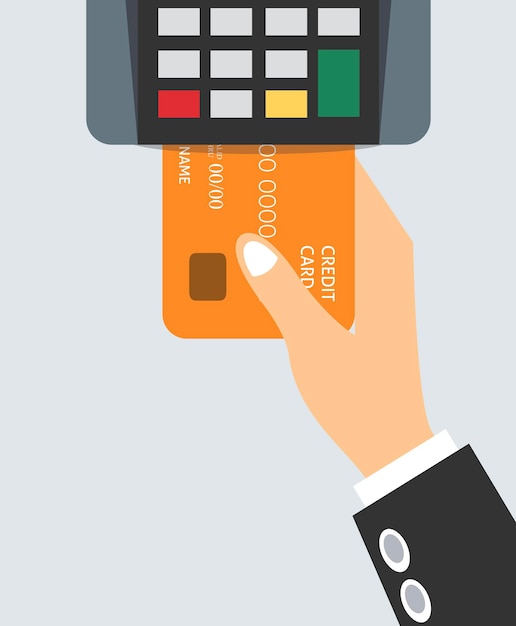 Main Tient La Carte De Crédit Design Plat Du Terminal De Point De Vente Paiement Par Carte De Crédit Ou De Débit Illustration Vectorielle