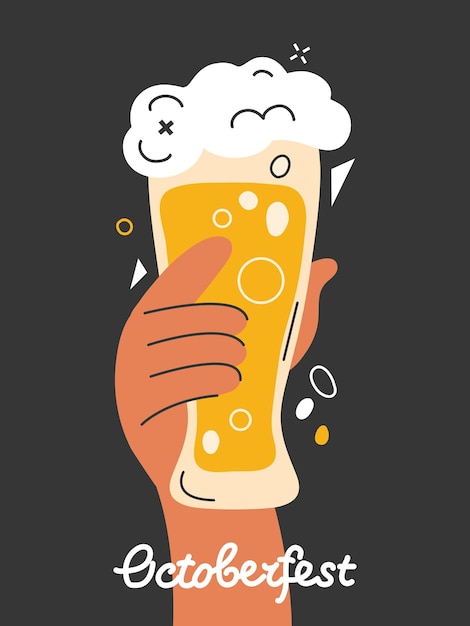 La Main Tient Une Chope De Bière Avec De La Mousse Blanche Bannière Ou Affiche Du Festival Oktoberfest Prenez Une Bière Avec Vos Amis Boisson Froide Alcoolisée Pour Les Vacances Illustration Vectorielle Dessinée à La Main Avec Lettrage