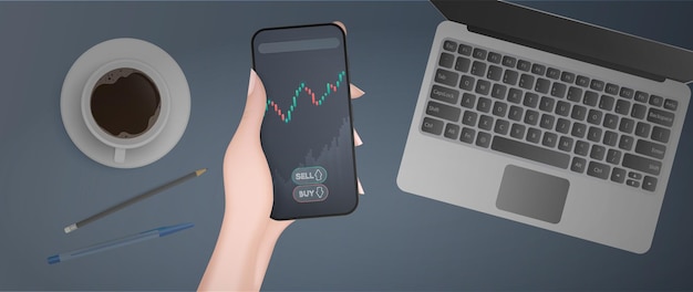 Une Main Tient Un Téléphone Avec Un Graphique De Croissance. Lieu De Travail D'un Analyste Ou D'un Trader. Le Concept De Négociation Sur La Bourse Financière. Illustration Vectorielle.