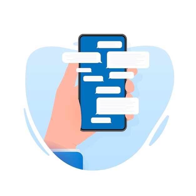 La main tient le téléphone avec un message de chat sur fond bleu Illustration vectorielle