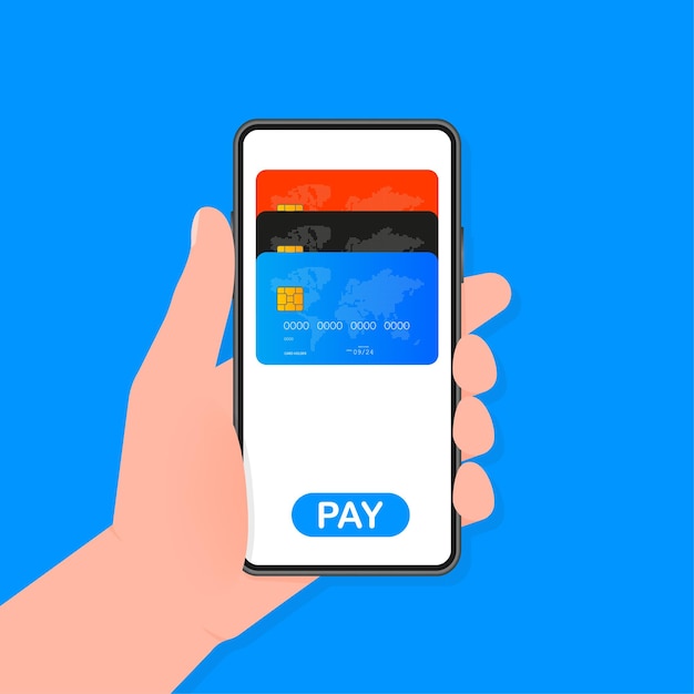 Main tient le téléphone avec des méthodes de paiement sans contact Mobile sur fond bleu