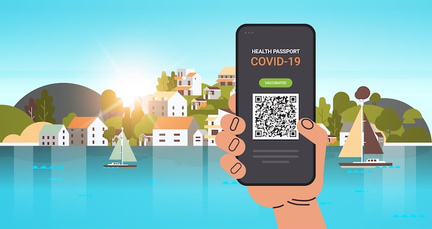 Main Utilisant Un Passeport D'immunité Numérique Avec Code Qr Sur L'écran Du Smartphone Certificat De Vaccination Pandémique Covid-19 Sans Risque Concept D'immunité Coronavirus Illustration Vectorielle Horizontale