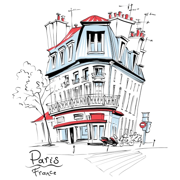 Main de vecteur dessin maison parisienne typique avec café et lanternes paris france