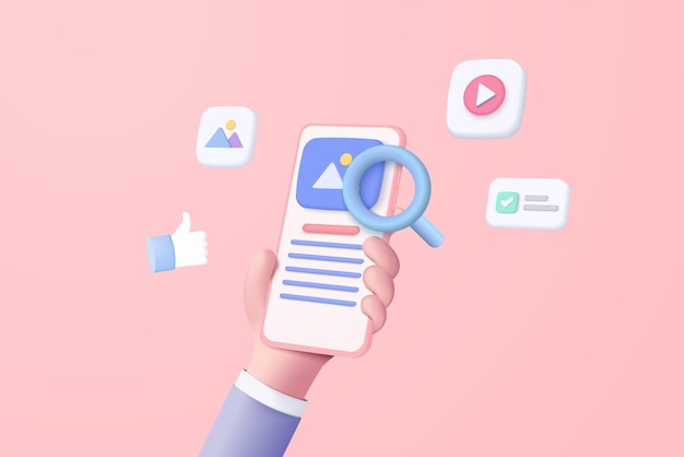 Main vectorielle 3D tenant un téléphone portable avec une icône sociale sur fond rose Recherche de fichiers d'images et de vidéos dans la base de données Concept gestion de documents vitrine 3D grossissement minimal avec appareil smartphone