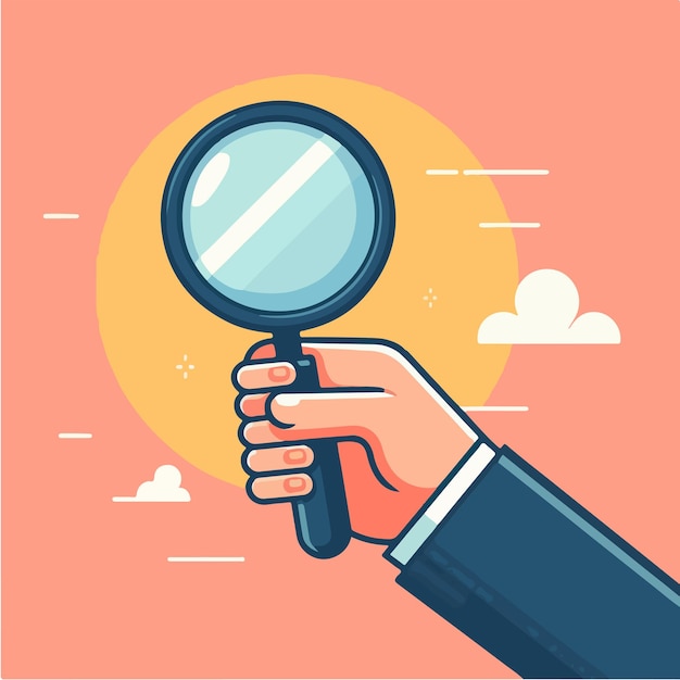 Main vectorielle tenant une loupe avec un style de conception plat simple