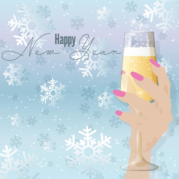 Vecteur main avec un verre de champagne bonne année illustration vectorielle