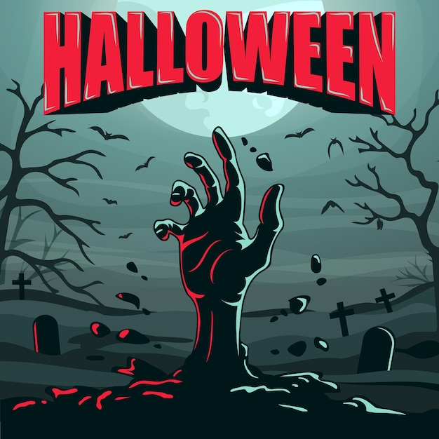 Main de zombie sur le fond du cimetière. Bannière Halloween pour les réseaux sociaux. Vecteur.