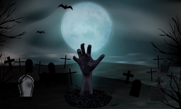 Vecteur main de zombie sortant de la tombe. cimetière avec pierres tombales et lune. fond d'halloween.