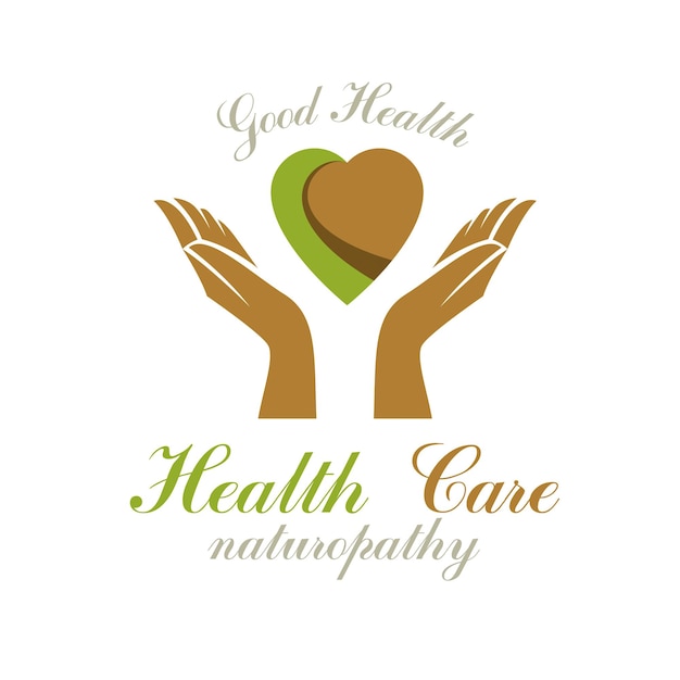 Mains attentionnées tenant le cœur. Concept de médecine alternative, logo vectoriel de phytothérapie. Un cœur fort est une bonne santé.