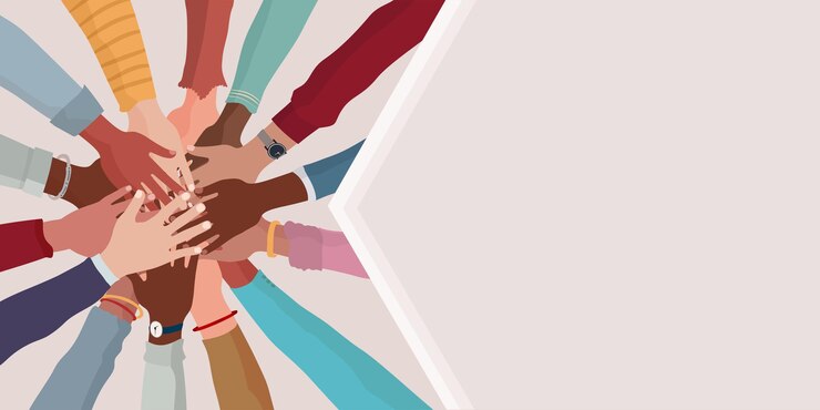 Vecteur mains l'une sur l'autre de personnes diverses et multiculturelles accord ou affaire copier l'espace
