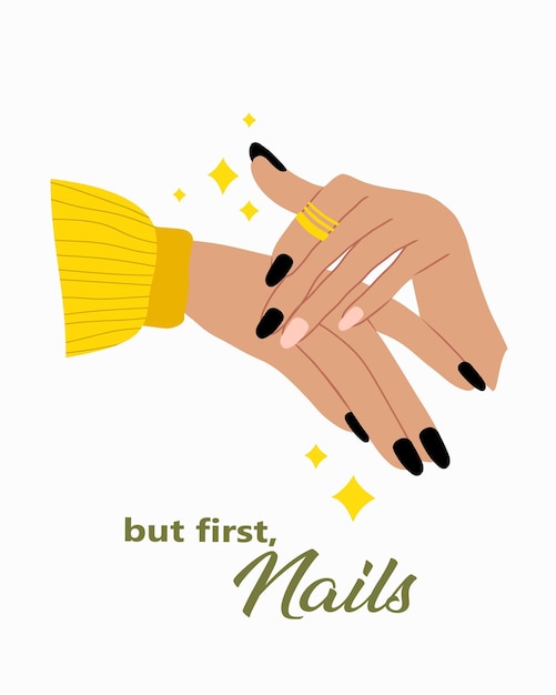 Mains de belle femme avec vernis à ongles noir Lettrage manuscrit sur les ongles et la manucure