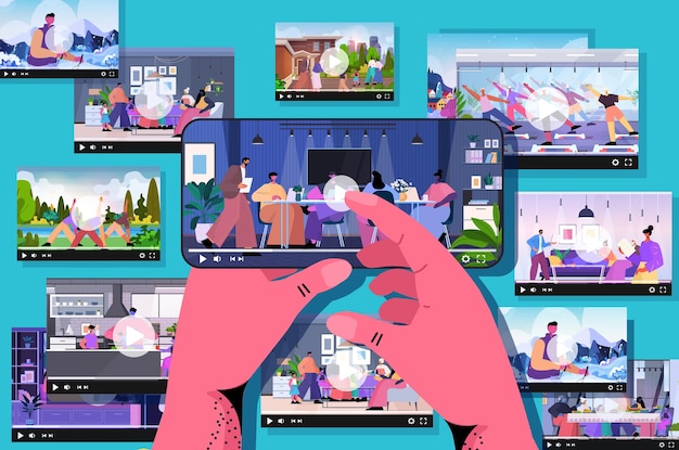 mains de blogueur partageant des vidéos sur les réseaux sociaux faisant des messages pour les adeptes concept de dépendance aux médias sociaux illustration vectorielle horizontale