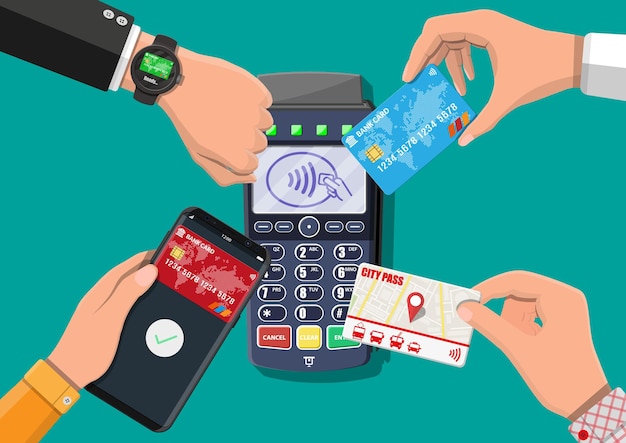 Vecteur mains avec carte de transport, smartphone, smartwatch et carte bancaire près du terminal de point de vente. paiements sans fil, sans contact ou sans espèces, rfid nfc. illustration vectorielle dans un style plat