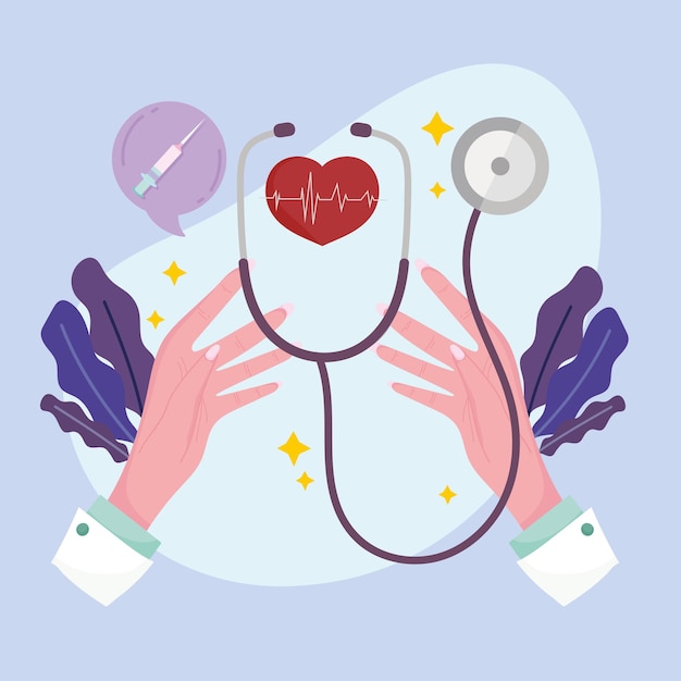 Mains avec coeur et stéthoscope