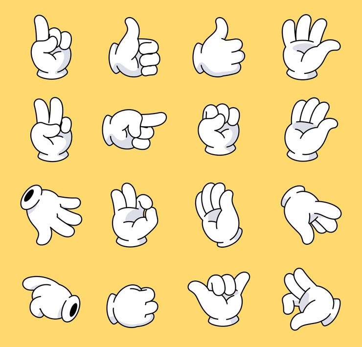 Mains comiques dans des gants blancs Différents types de gestes de la main Les paumes sous différents angles Partie du corps