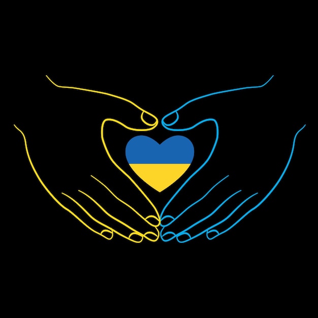 Vecteur les mains de contour tiennent le drapeau de l'ukraine en forme de coeur
