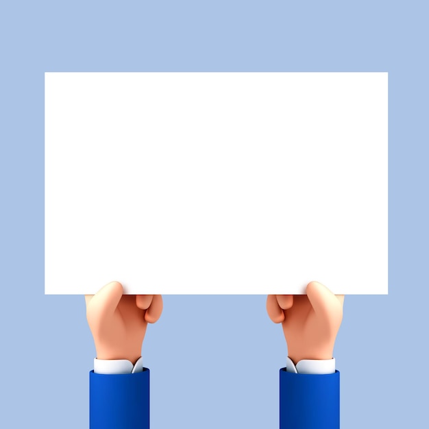 Vecteur mains de dessin animé 3d tenant un panneau de signalisation vide feuille de papier vide blanche dans les mains concept de promotion ou de vente illustration vectorielle 3d