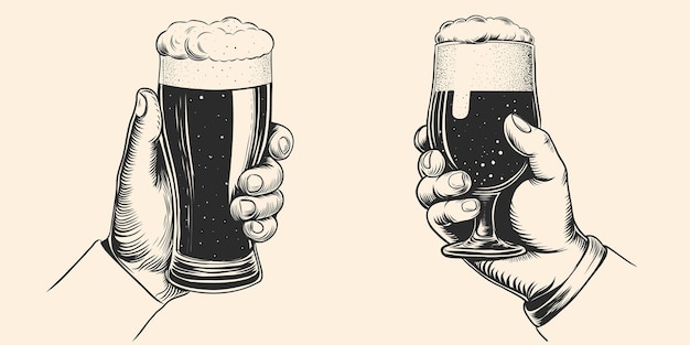 Des mains dessinées à la main, des verres de bière qui cliquent, un croquis de gravure vectorielle vintage pour l'affiche de couverture du menu web.