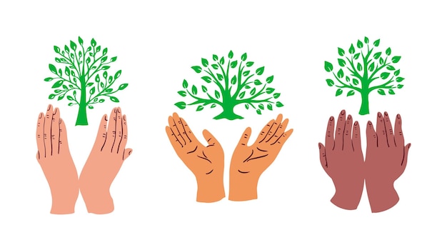 Vecteur mains de différentes personnes tenant un arbre vert. symbole eco. illustration vectorielle.